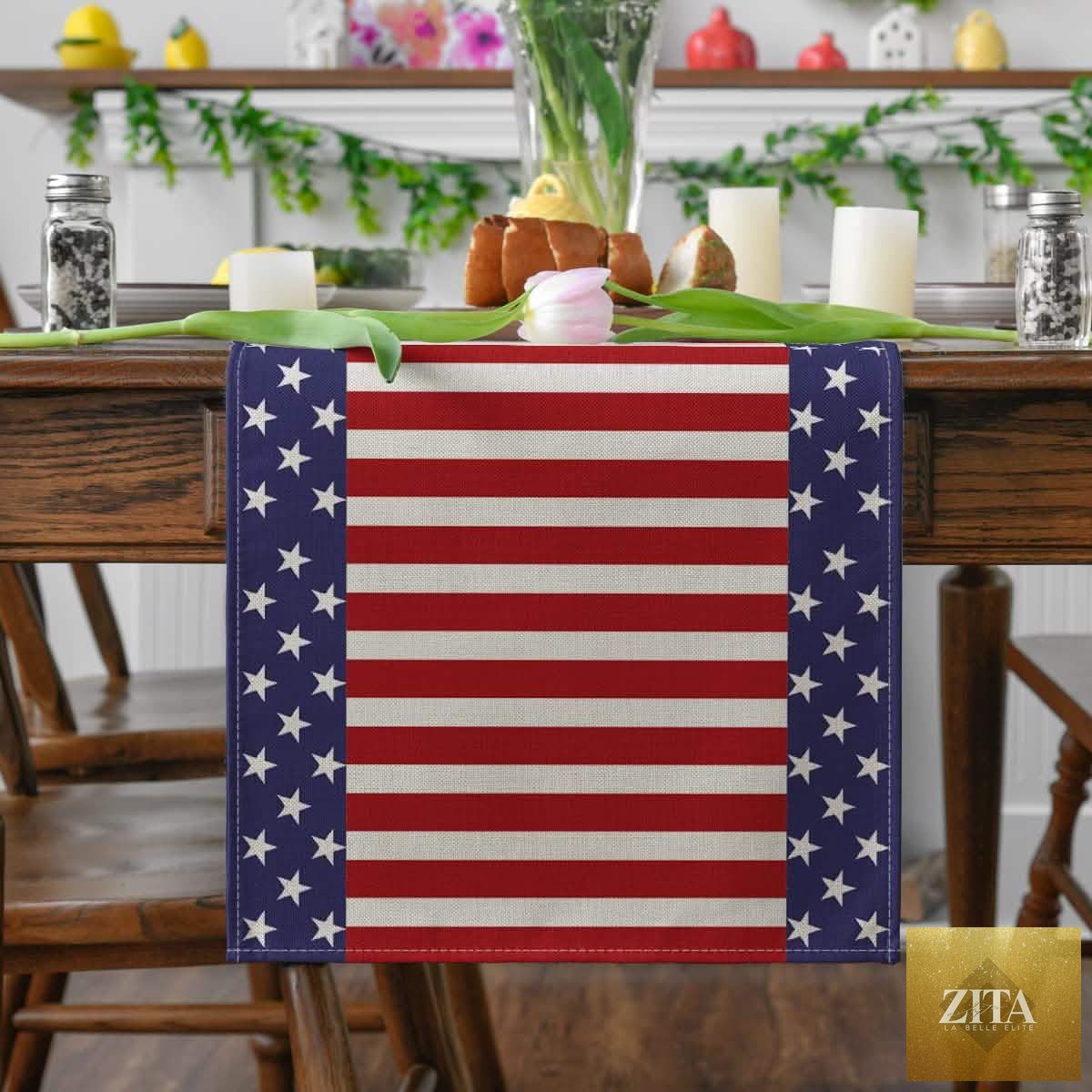 Linen burlap Independence Day table bunting with red, white, and blue flags for patriotic holiday decor.