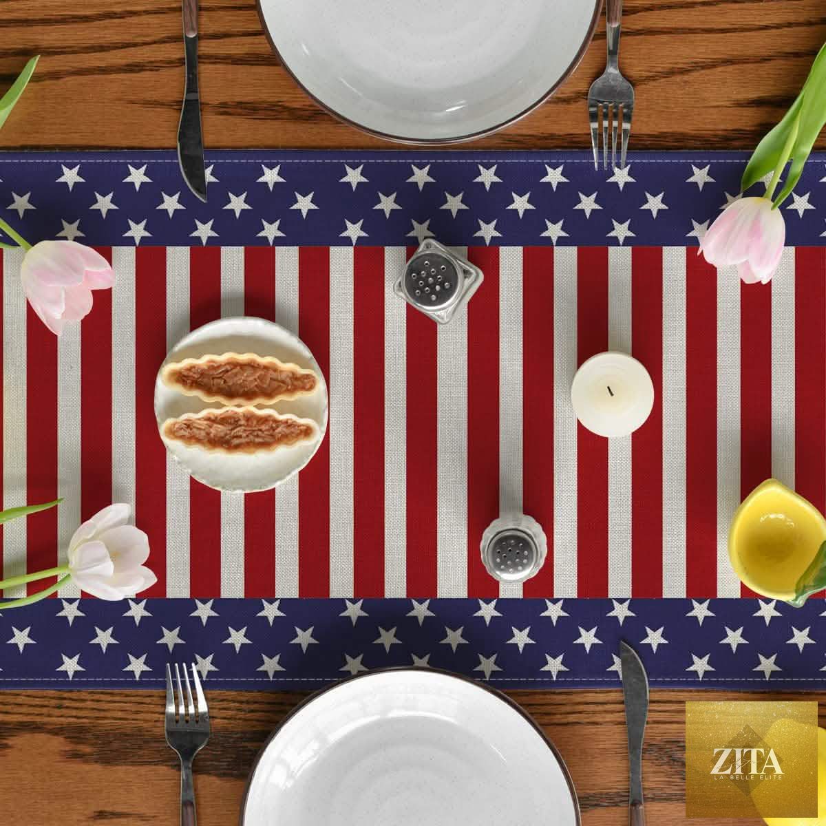 Independence Day linen burlap table bunting with patriotic red, white, and blue design for seasonal holiday decor.
