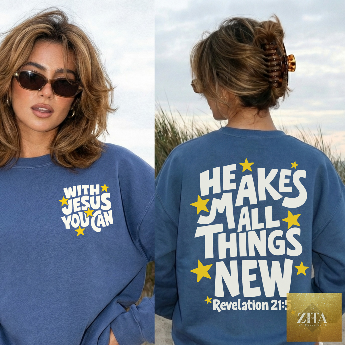 Indigo blue He Makes All Things New Christian coastal graphic crewneck sweatshirt with Revelation 21:5 quote by Hey Jude Graphic Tees.
