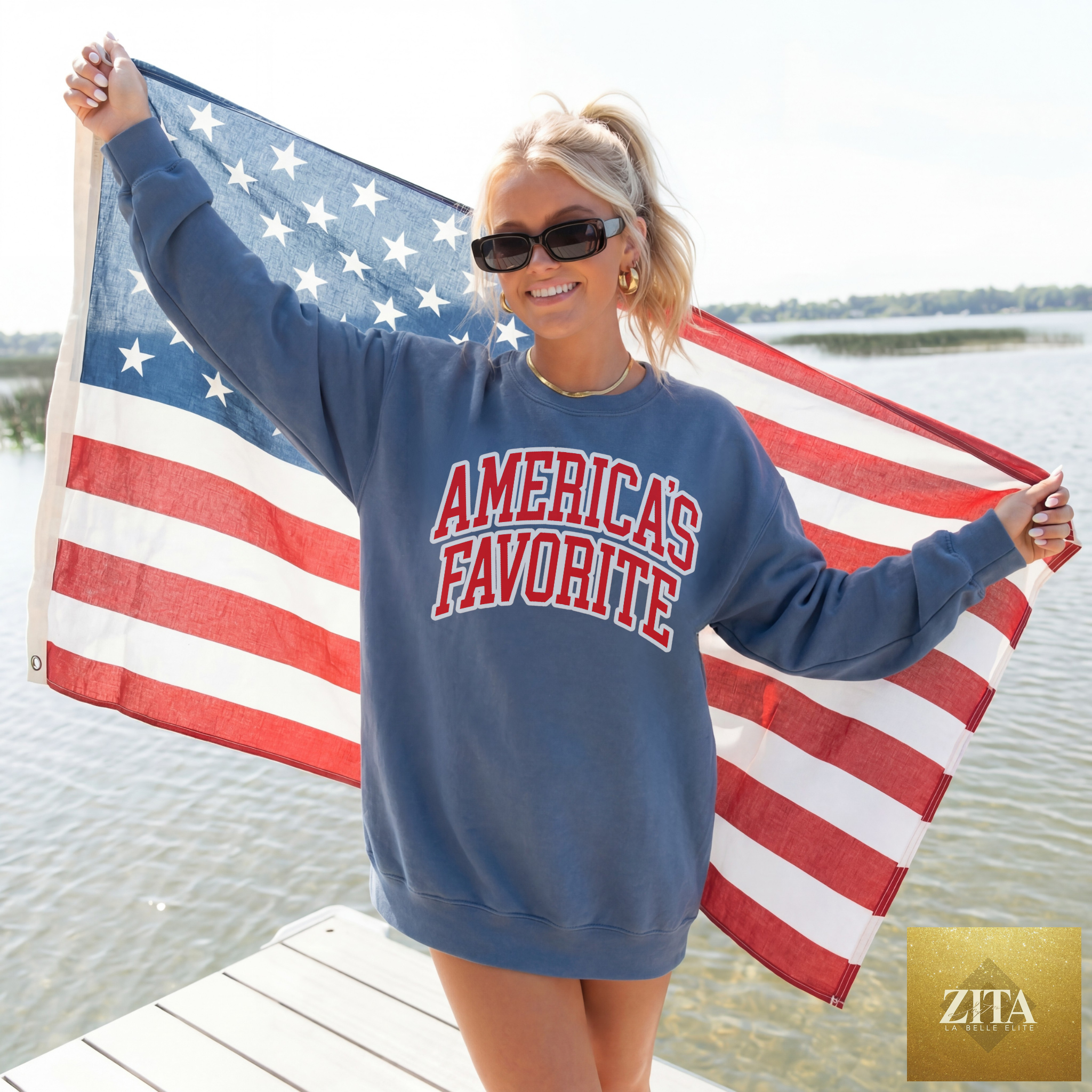 Indigo blue patriotic crewneck sweatshirt with retro USA graphic design by Hey Jude Graphic Tees.