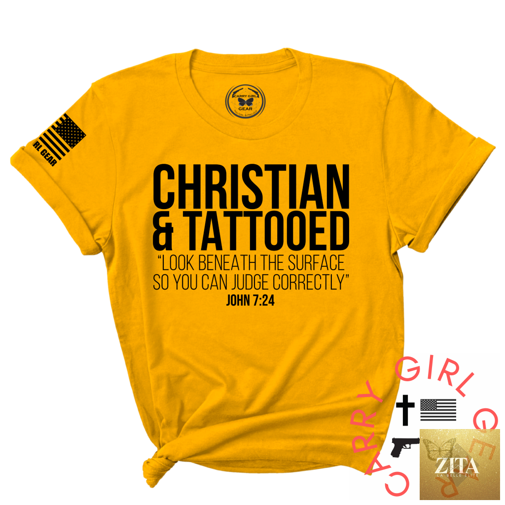 Mustard-colored Carry Girl Gear CGG Perfect T-shirt featuring Ink & Faith design, unisex cut, casual fit, lightweight fabric.