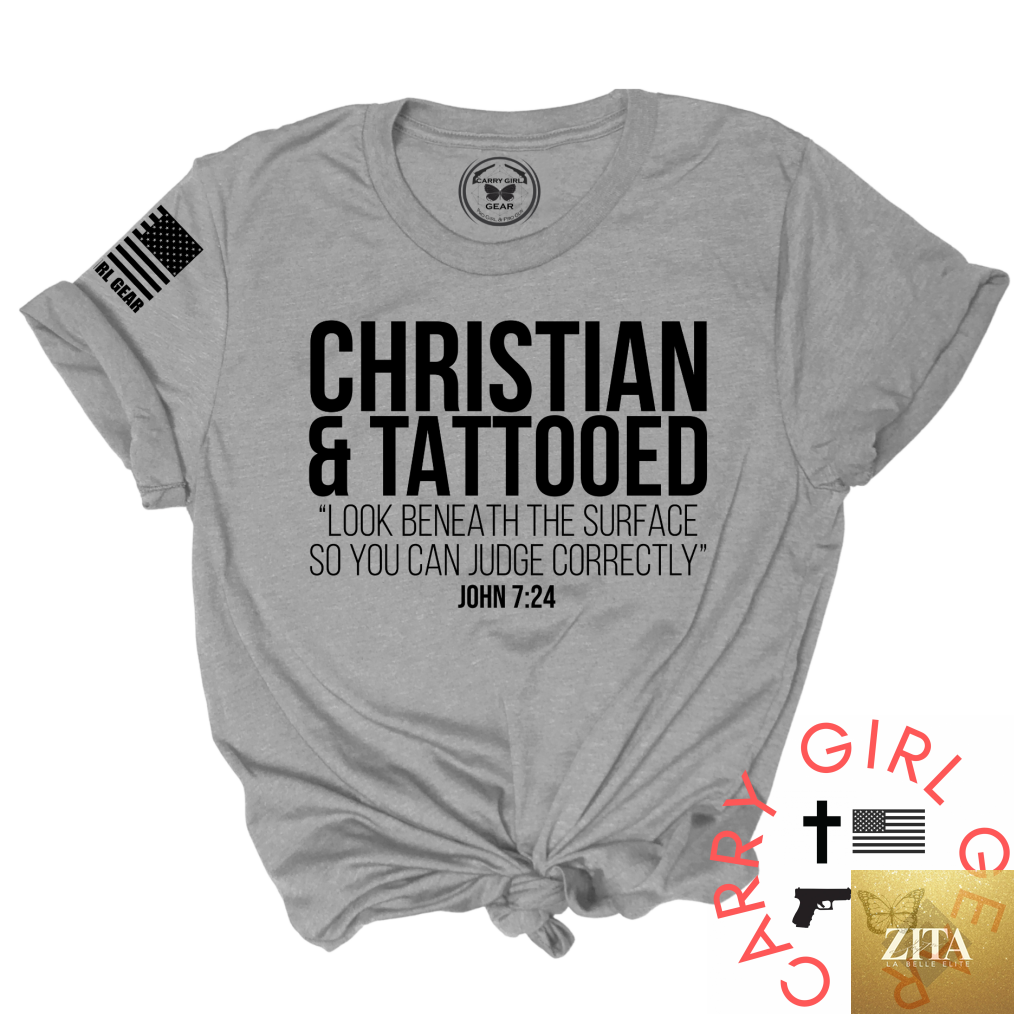 Steel-colored unisex Carry Girl Gear INK & FAITH CGG PERFECT TEE displayed on a hanger.
