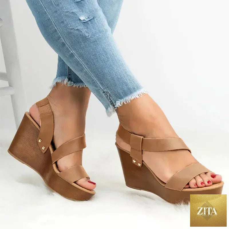 Women's summer casual slip-on wedge high heels with open-toe design and tan straps, stylish and comfortable for warm weather.