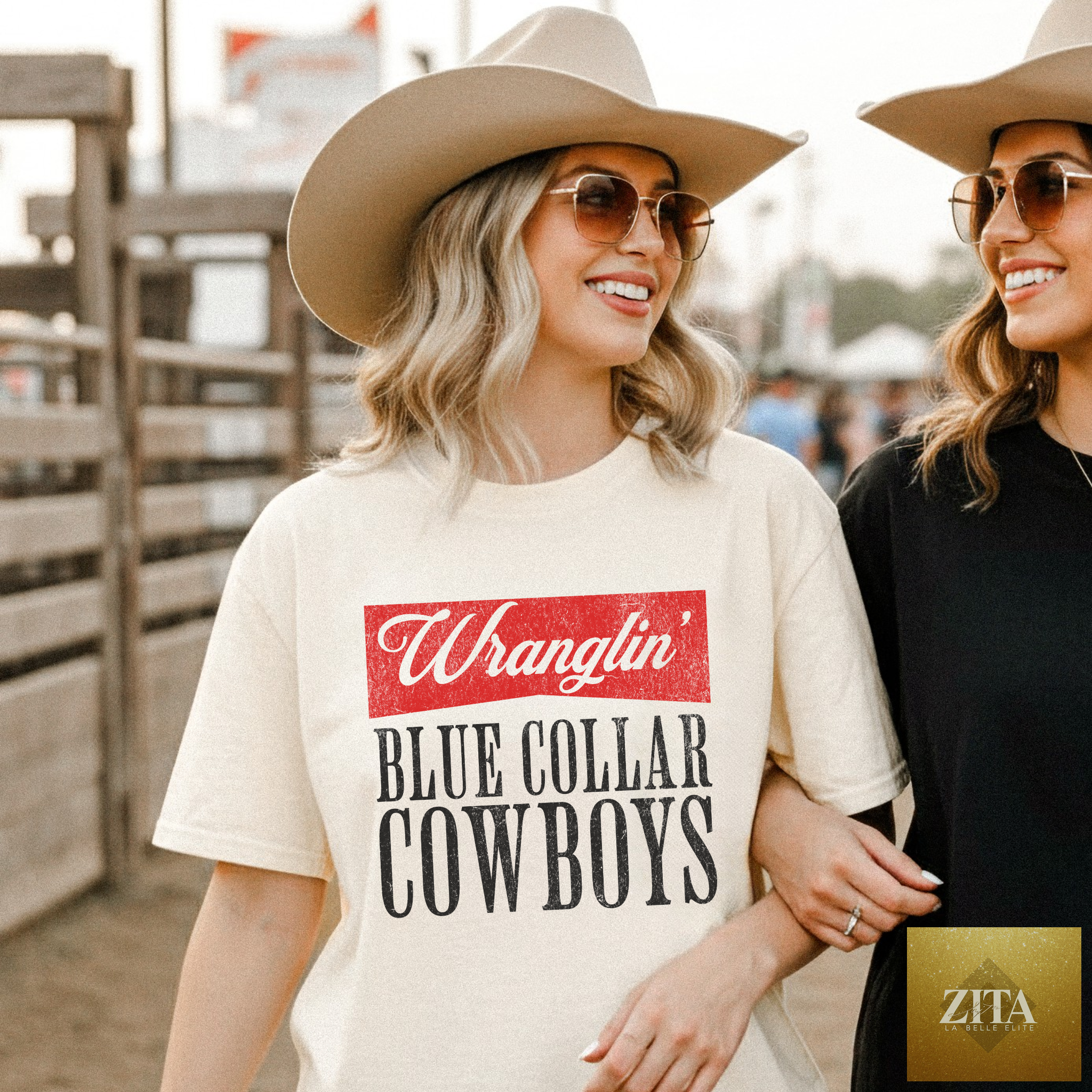 Hey Jude Graphic Tees Wranglin’ Blue Collar Cowboys western rodeo cowgirl shirt with graphic print on ivory fabric