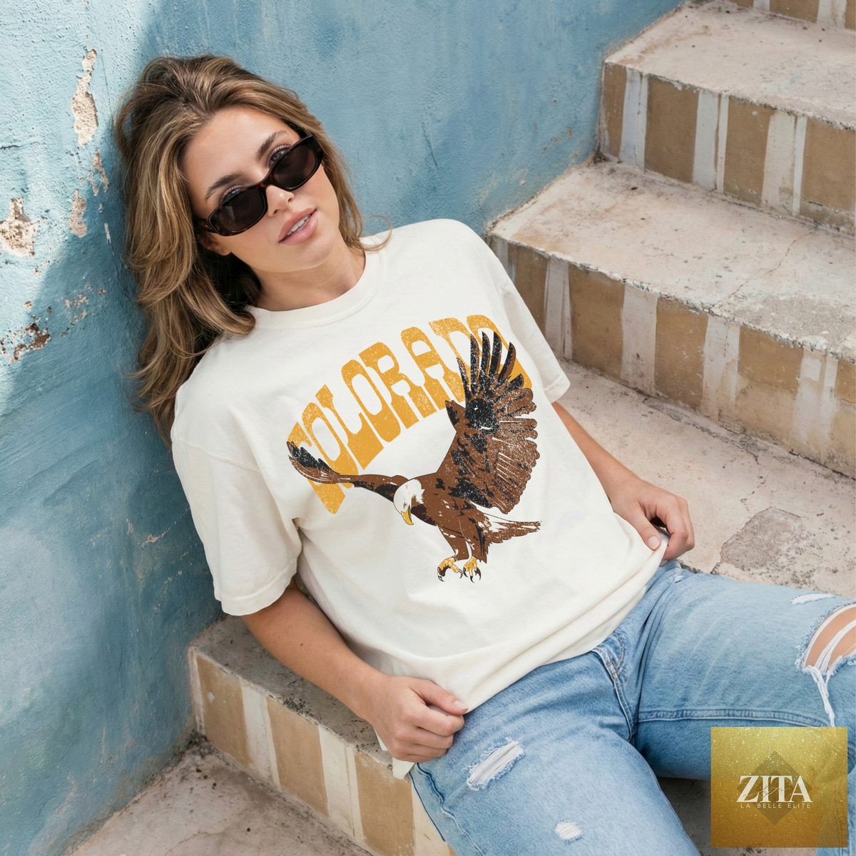 Ivory Colorado Eagle graphic T-shirt by Hey Jude Graphic Tees featuring vintage Western style and Americana eagle design.