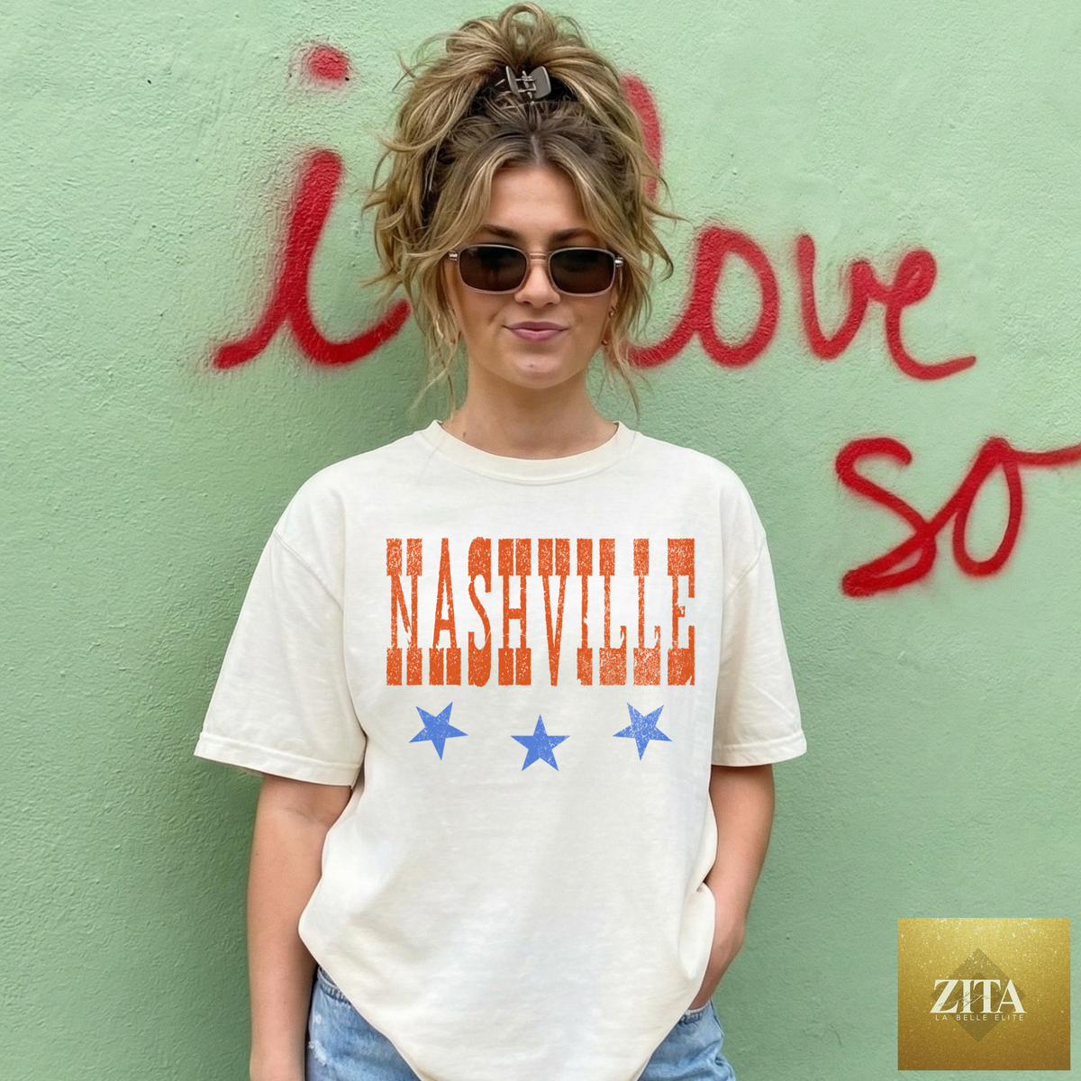 Ivory Nashville graphic tee by Hey Jude Graphic Tees featuring western vintage Nashville design on soft cotton fabric.