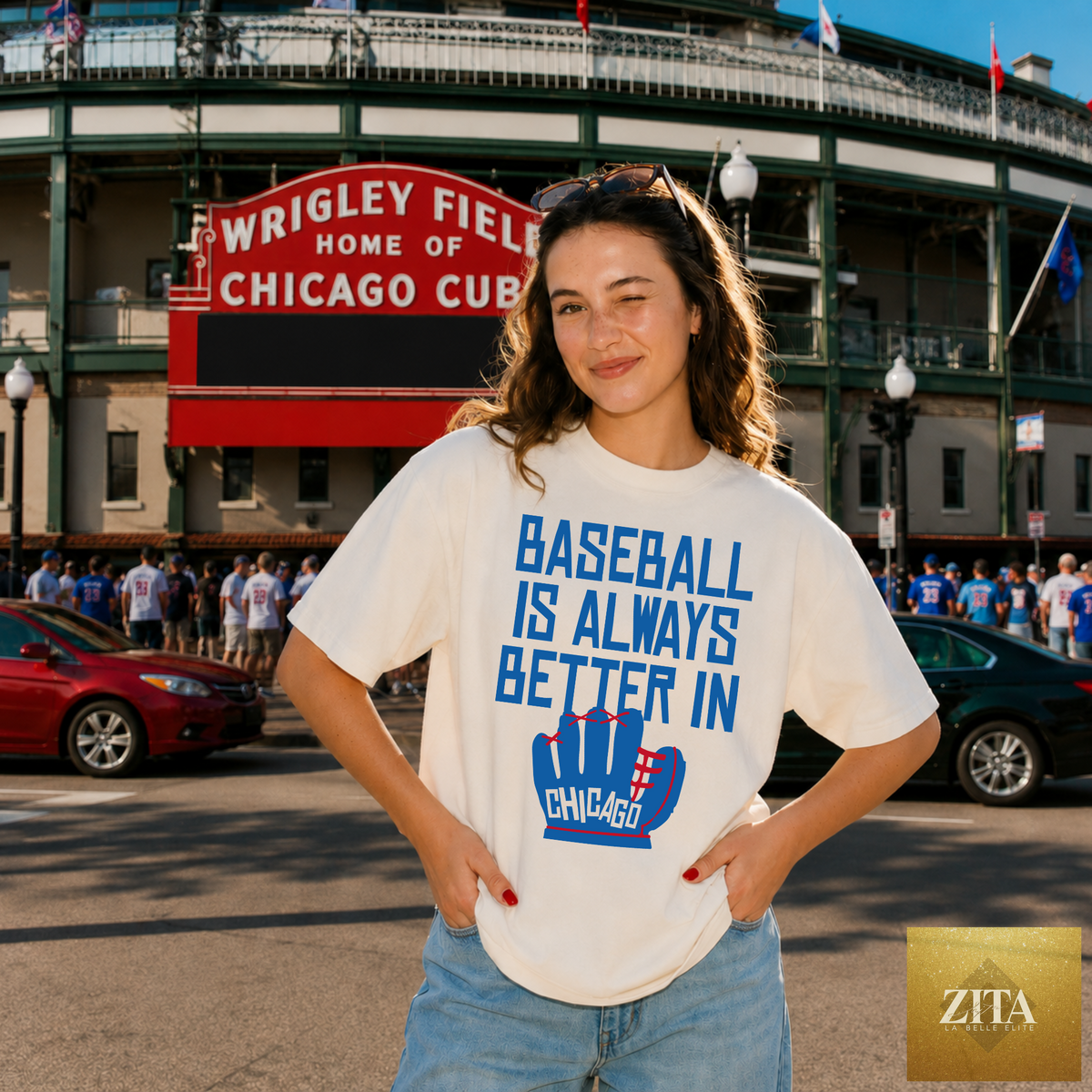Ivory baseball tee with "Baseball Is Always Better In Chicago" slogan by Zita La Belle Elite, featuring a casual fit and Chicago-themed design.