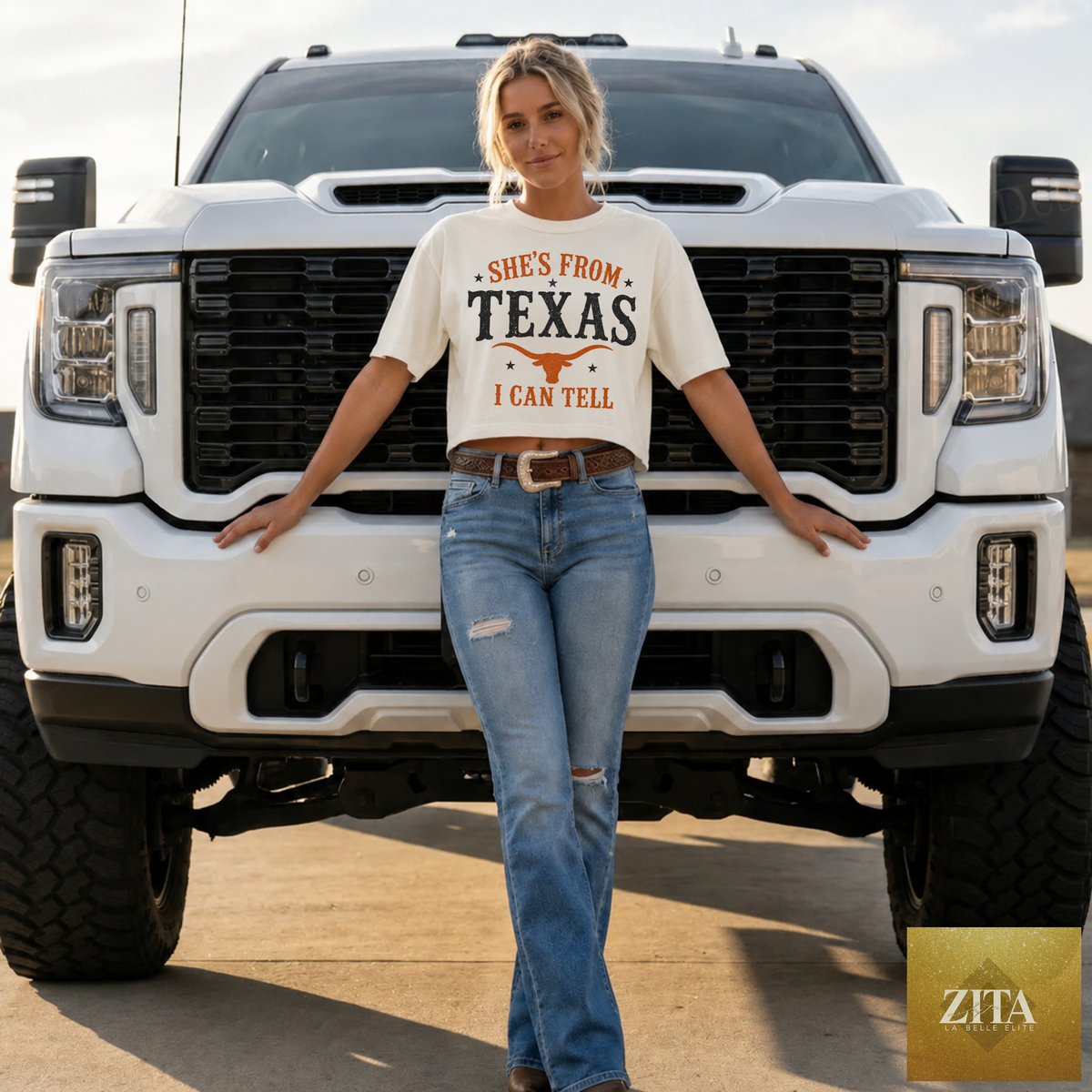 Ivory boxy crop tee from Hey Jude Graphic Tees featuring a Longhorns Western cowgirl graphic design.