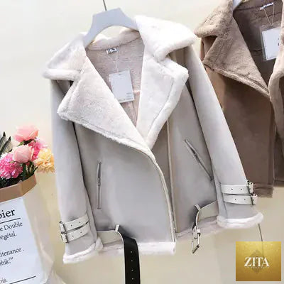 Women's Lamb Wool Jacket with thick suede leather motorcycle coat, stylish winter outerwear from Zita La Belle Elite
