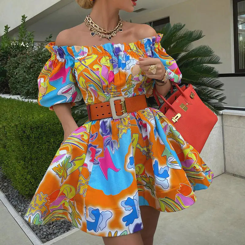 Off-shoulder mid-sleeve women's dress in flowy fabric, stylish and trendy, perfect for casual or semi-formal occasions.