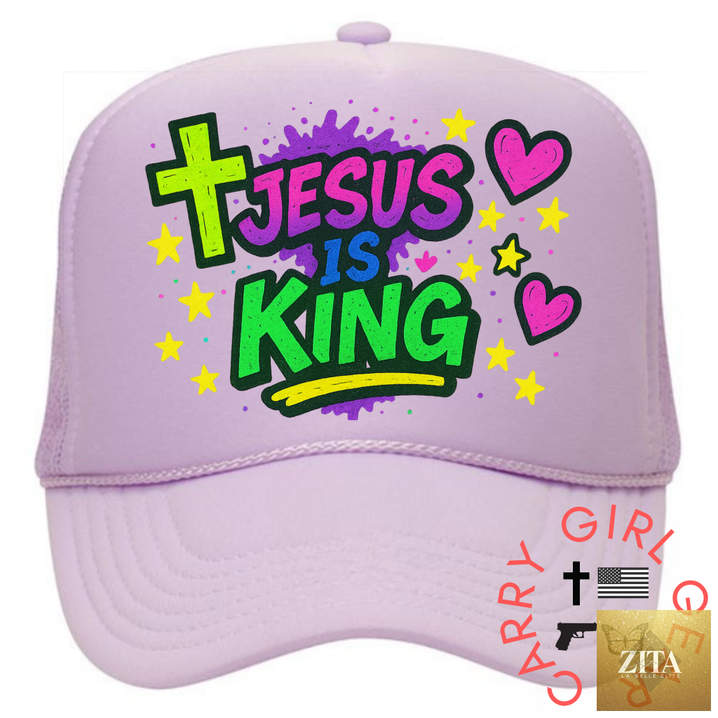 Lilac Jesus Is King graffiti trucker hat by Carry Girl Gear featuring bold street art design and adjustable snapback style.