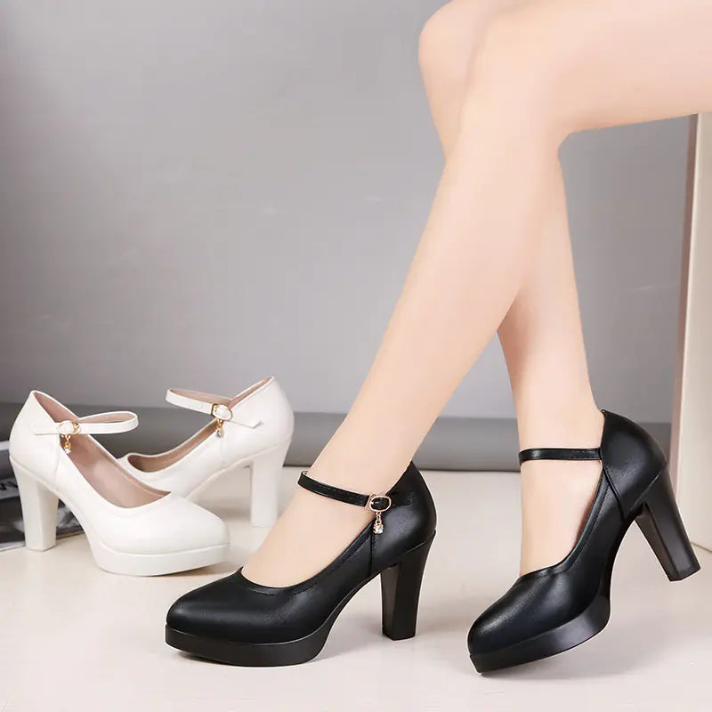 Pointed toe chunky heels for women in stylish design, made by Trendy Attic Store01, shown on a model's feet.