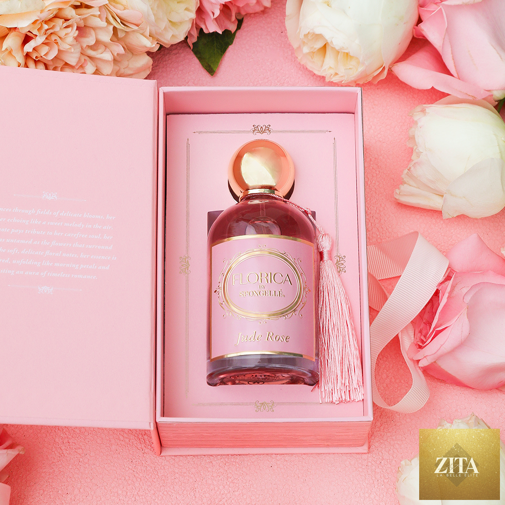 Spongellé Jude Rose Eau de Parfum body fragrance bottle with floral design and elegant packaging.