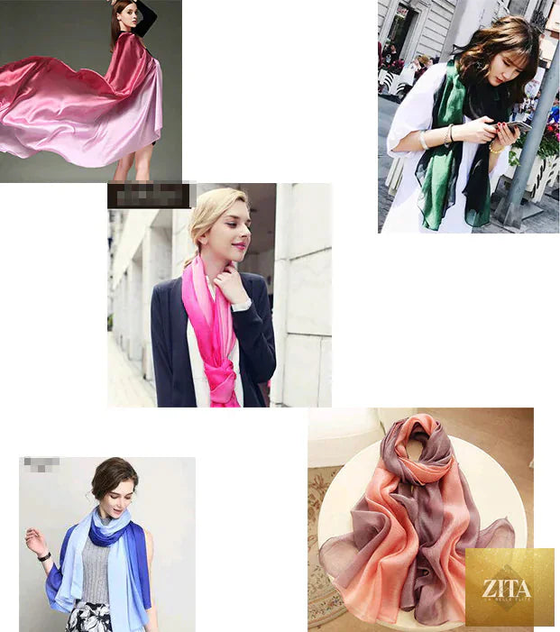 Elegant gradient silk scarf for women, offering sun protection, with soft fabric and stylish design from Trendy Attic Store01.