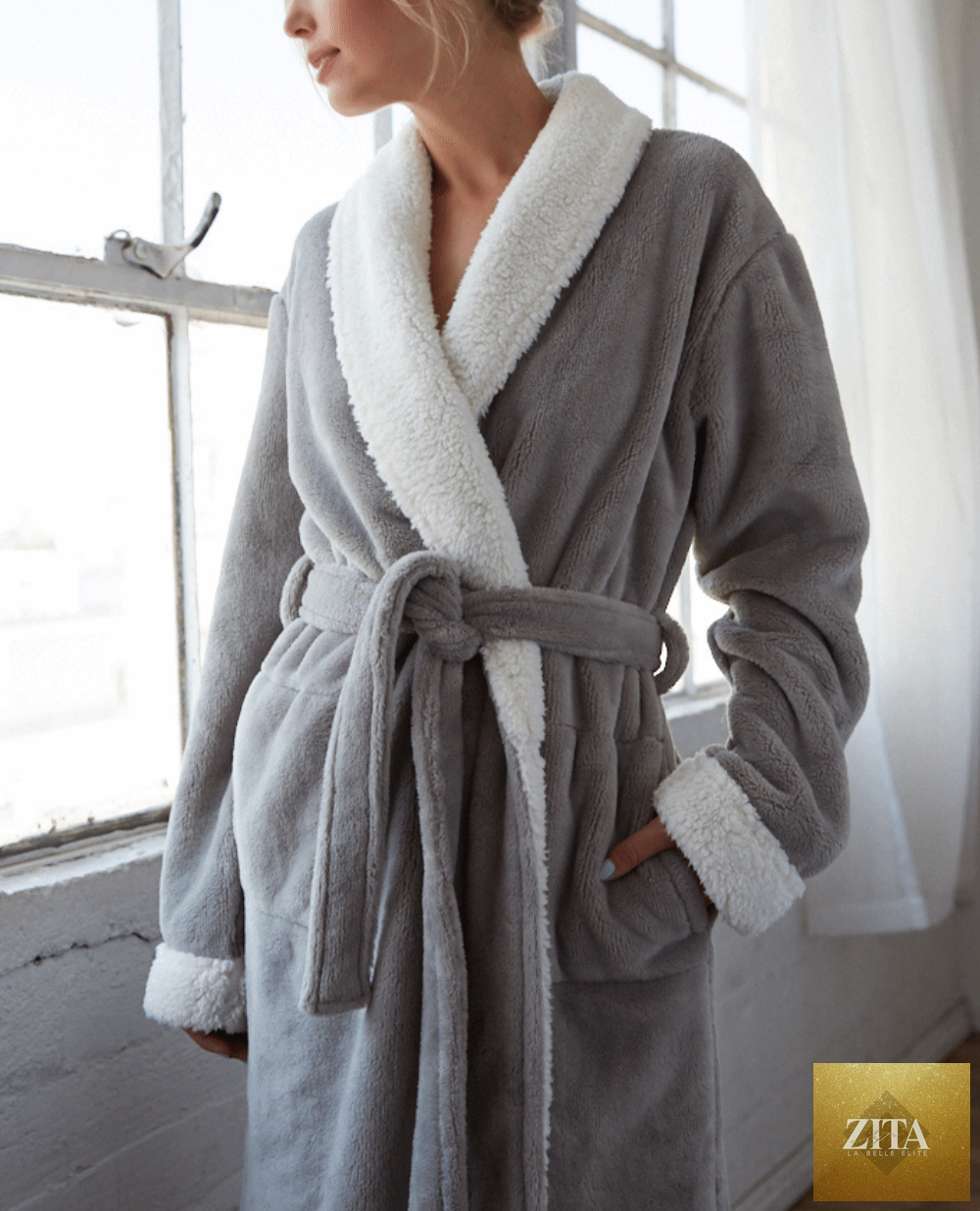 Gray Cloud Soft Sherpa Fleece Robe by Pure Fiber, showing a cozy, plush bathrobe with a relaxed fit and textured fleece fabric.