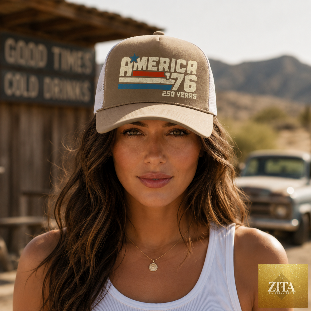 Khaki America '76 Trucker cap by Carry Girl Gear, featuring limited edition design celebrating 250 years.