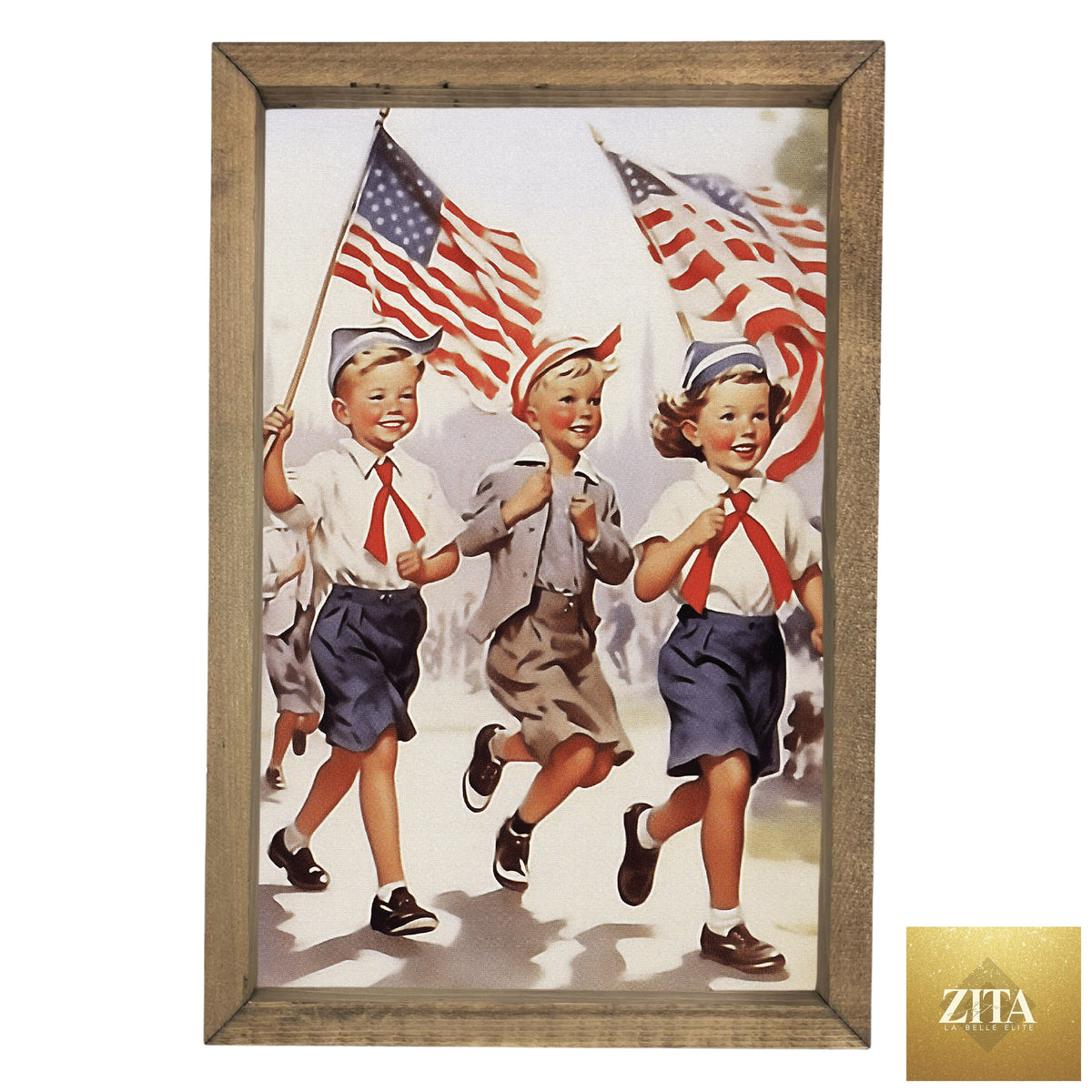 Vintage Parade Kids framed art by 12timbers showing children holding a flag, colorful illustration suitable for children's room decor.