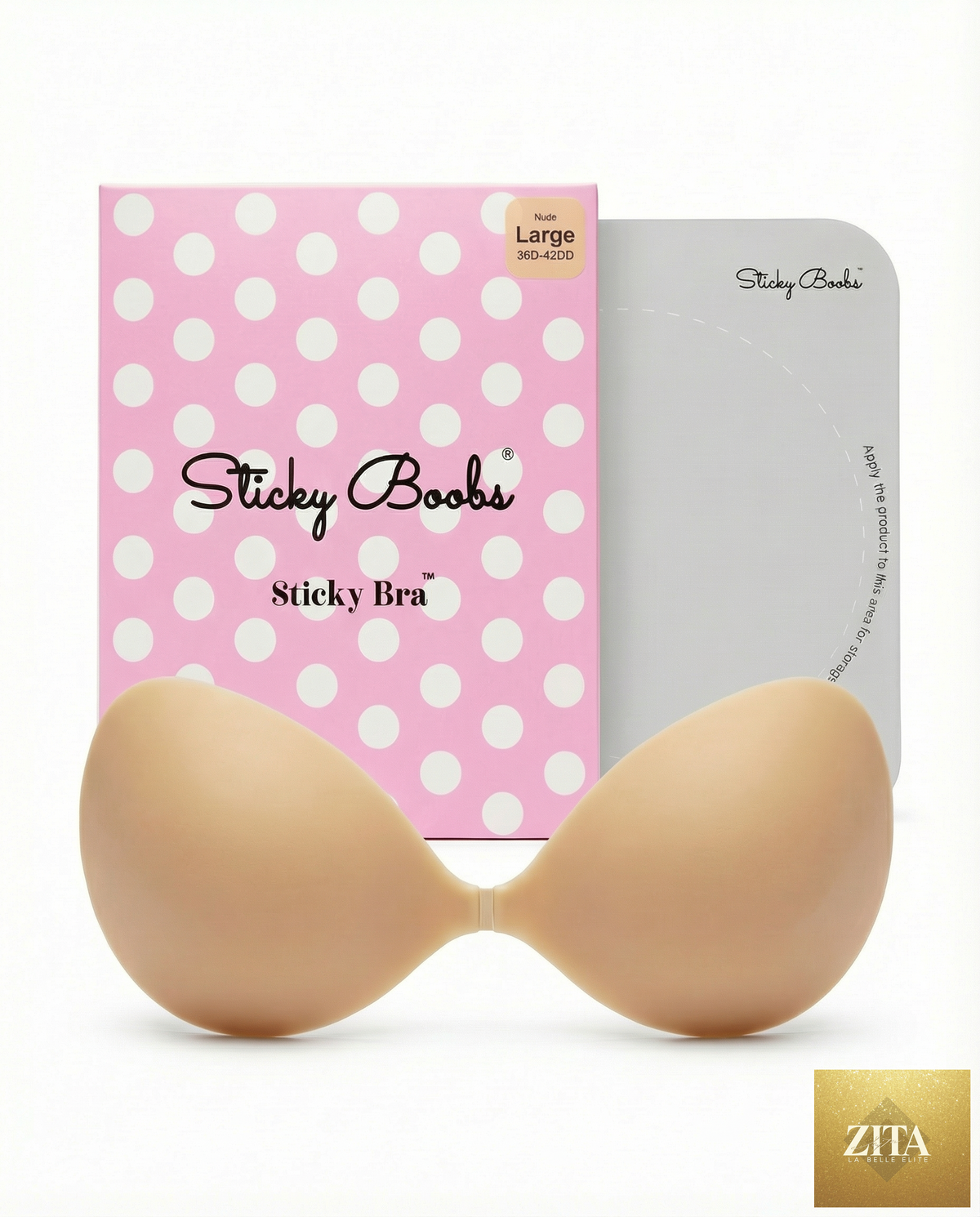 Sticky Boobs sticky bra shown on a model, demonstrating its adhesive cups and seamless design for backless and strapless outfits.