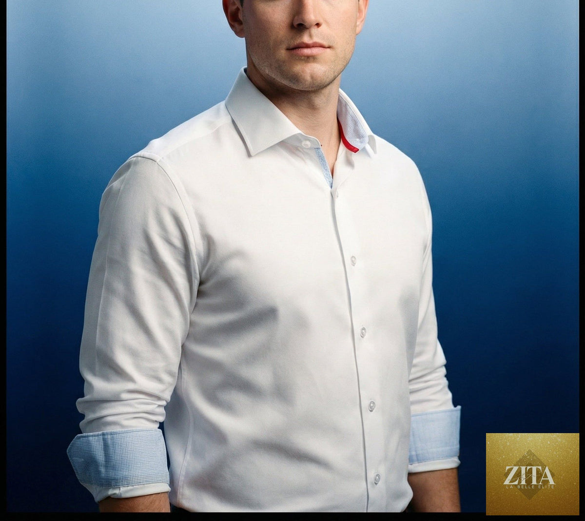 White Kenneth cotton knit-stretch button-up shirt with contrast details and tailored fit, by LEVINAS® Official.