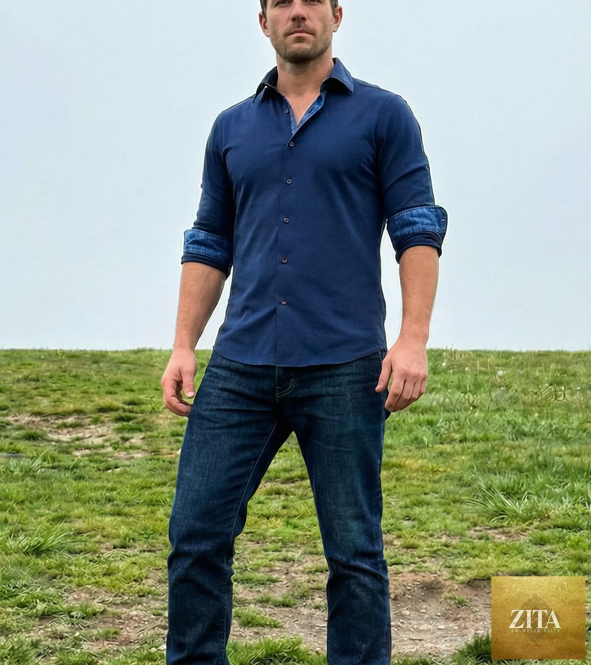 Navy cotton knit-stretch button-up shirt with contrast details and tailored fit from LEVINAS® Official, shown on a hanger.