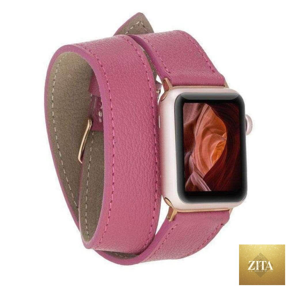 Luxury dark pink leather double wrap Apple Watch band by LEATHERE, featuring a stylish and durable design.