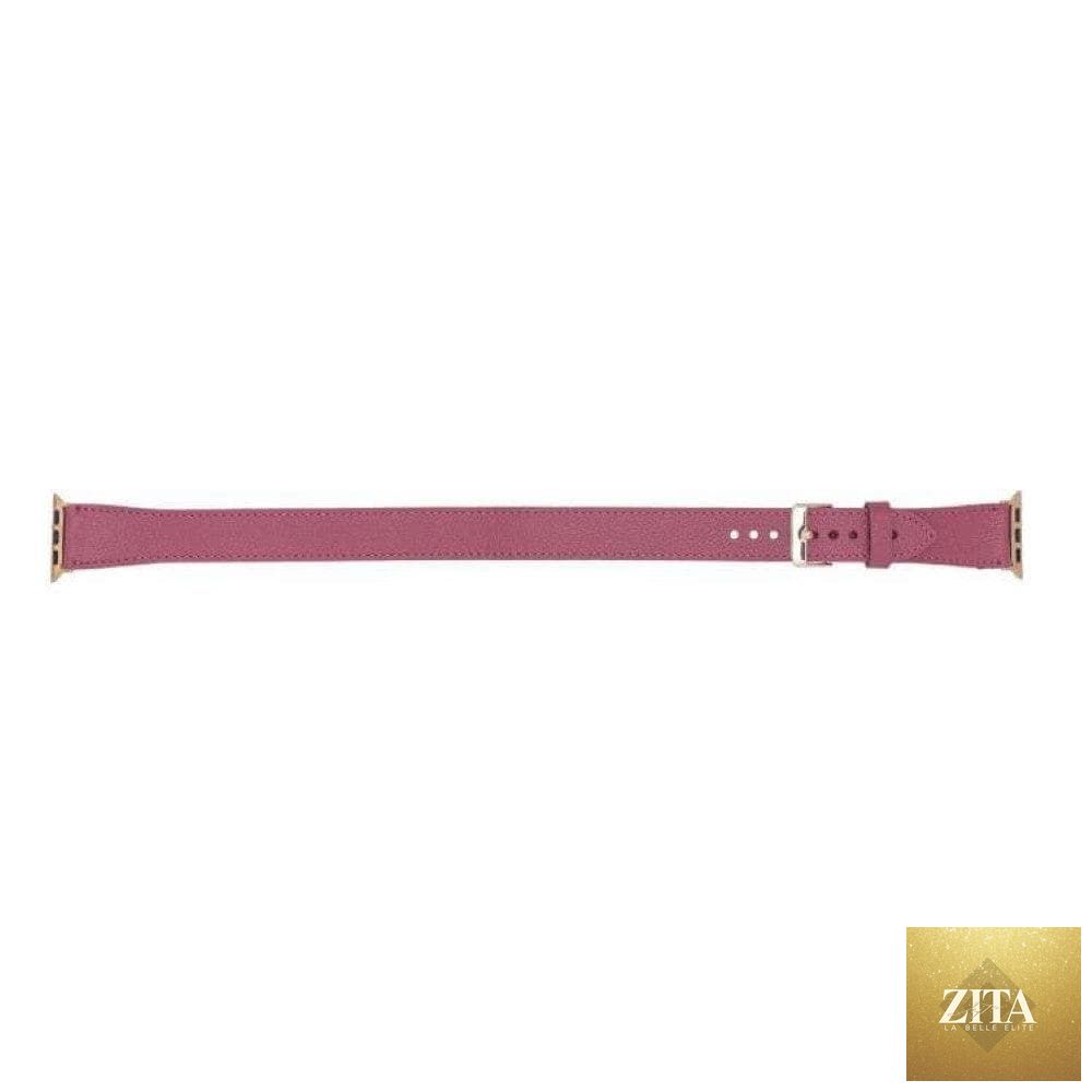 Luxury dark pink leather Apple Watch band with double wrap design by LEATHERE, featuring silver buckle and smooth leather finish.