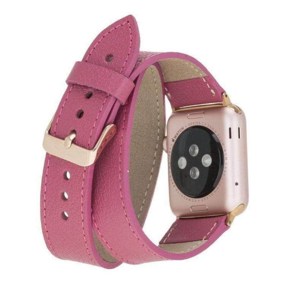 Luxury dark pink leather Apple Watch band with double wrap design by LEATHERE, shown on a watch with detailed stitching.