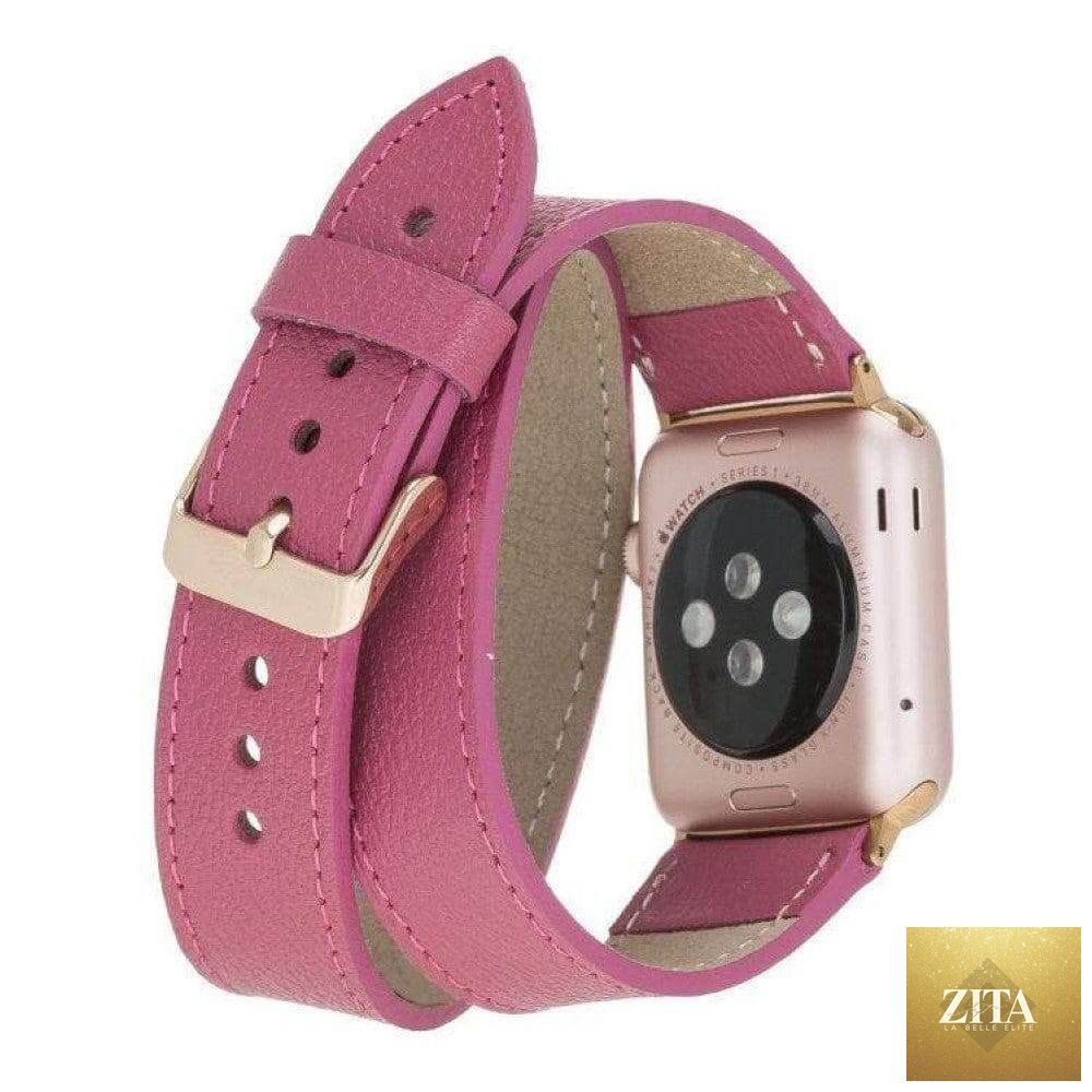 Luxury dark pink leather Apple Watch band with double wrap design by LEATHERE, shown on a watch with detailed stitching.