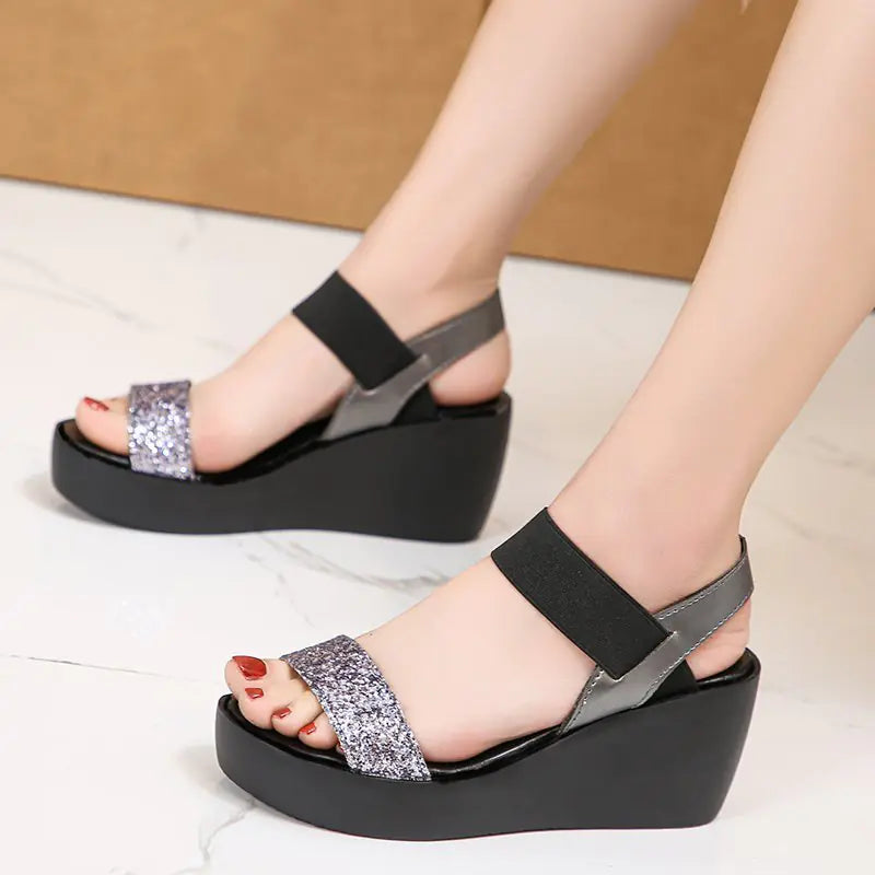Women’s wedge heel sequined platform sandals with open toe and ankle strap from Trendy Attic Store01.