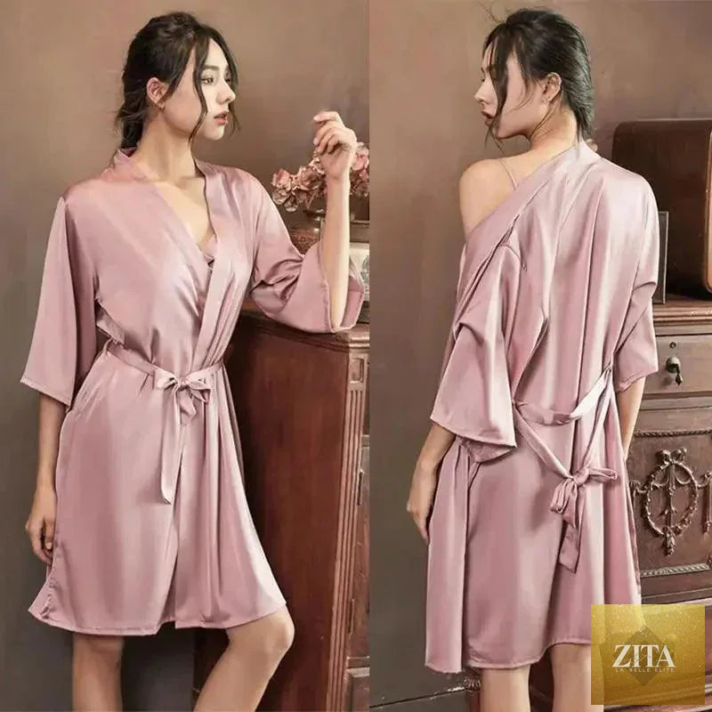 Red women's short sleepwear by Stevvex featuring a soft, comfortable V-neck bathrobe perfect for bridesmaids or relaxing at home.