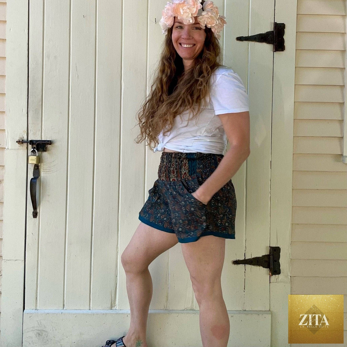 Darn Good Yarn Laurel Canyon Lounge Shorts in eco-friendly crochet knit, comfortable boho style for women and pre-teens.