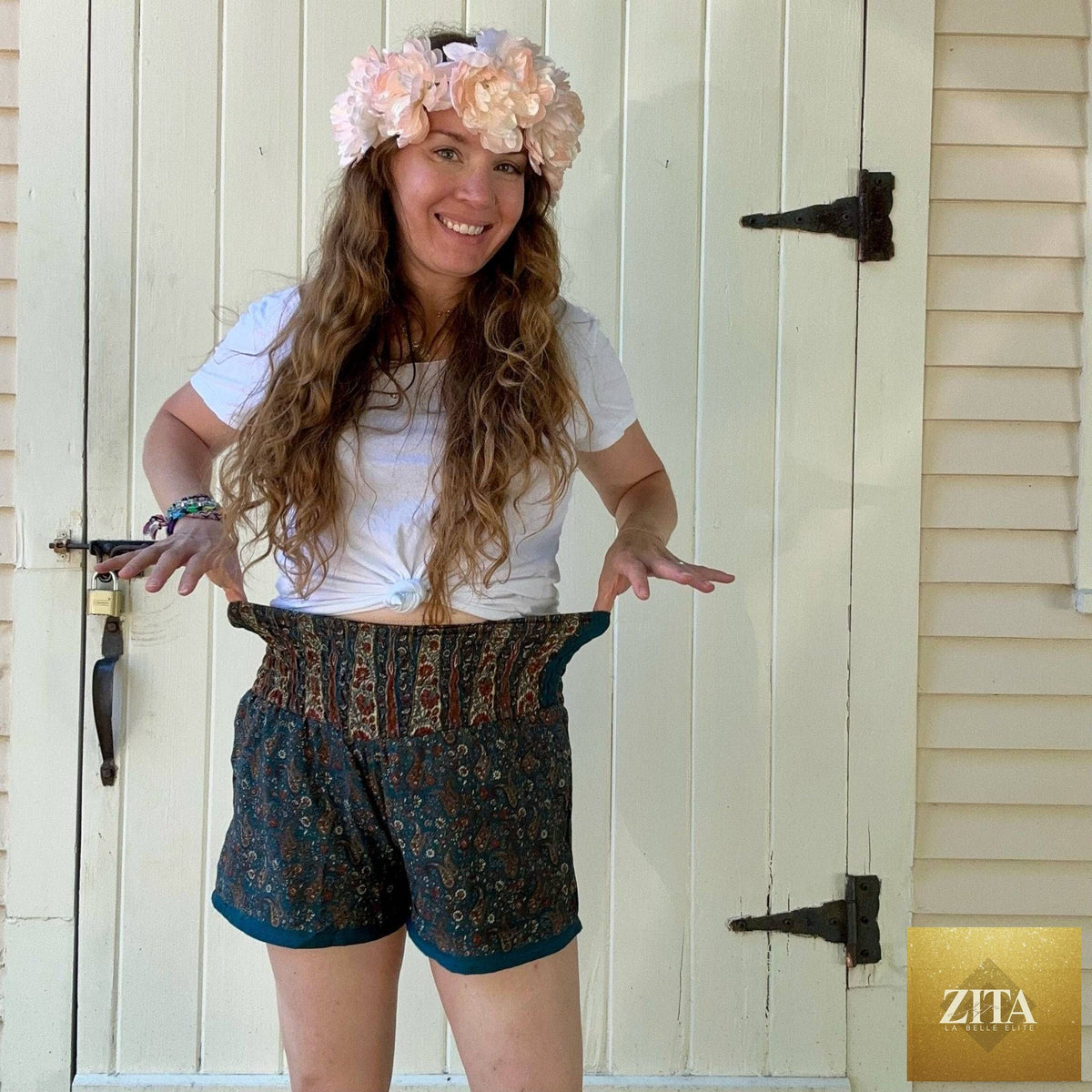 Darn Good Yarn Laurel Canyon Lounge Shorts in eco-friendly crochet knit, casual boho style, plus size women’s clothing.