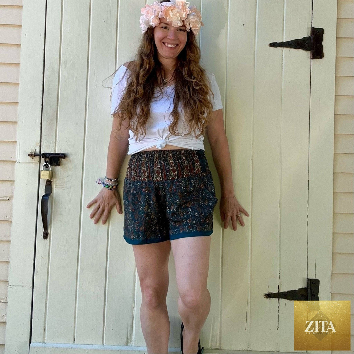 Darn Good Yarn Laurel Canyon Lounge Shorts in eco-friendly crochet knit, boho style, plus size women's casual clothing.