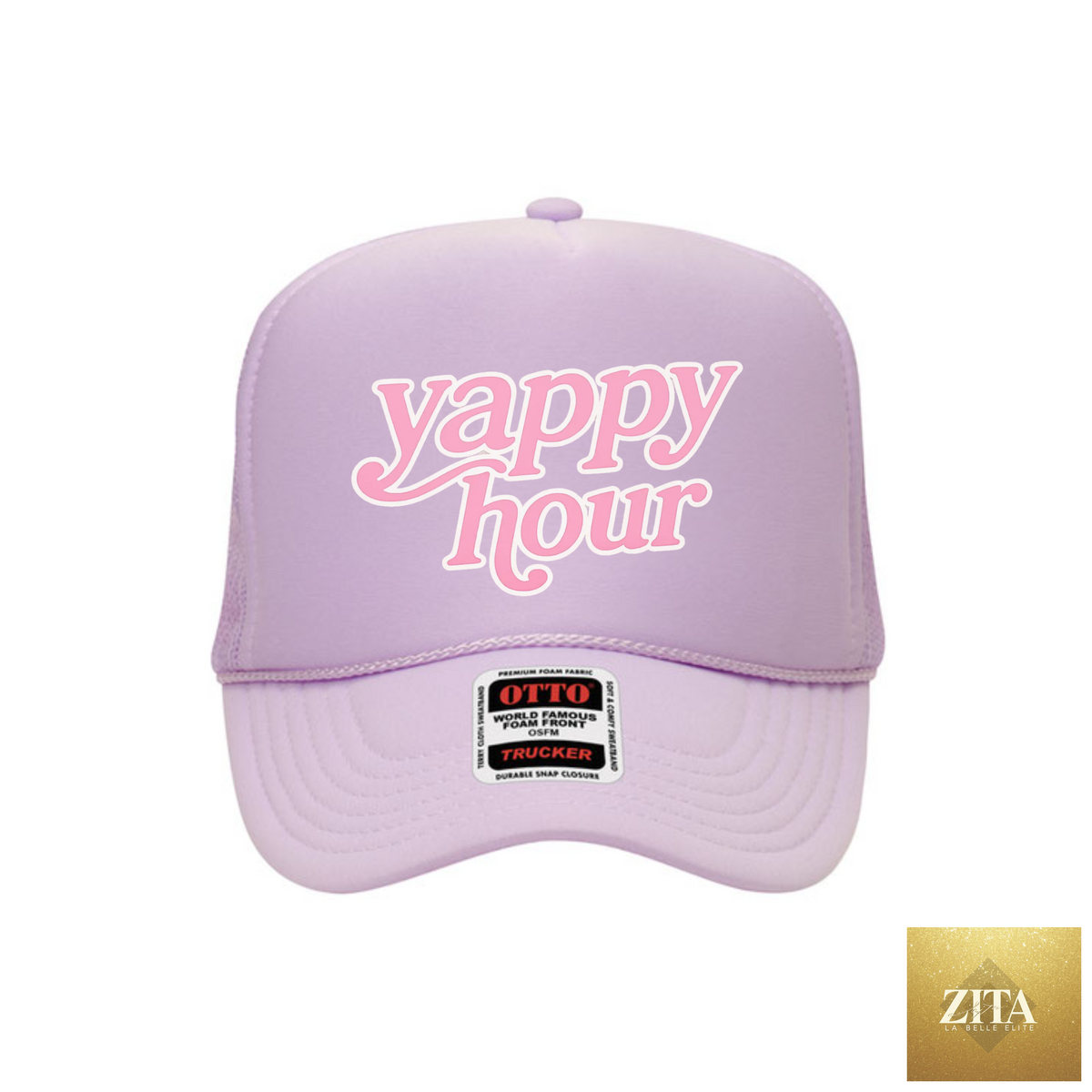 Lavender Yappy Hour foam trucker hat with humorous summer design from Hey Jude Graphic Tees, featuring adjustable mesh back and front logo.