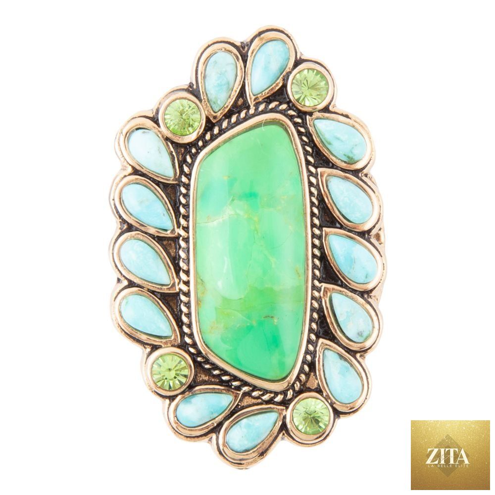 Legacy Lime Green and Blue Turquoise Golden Statement Ring by Barse Jewelry showcasing vibrant lime green, turquoise, and gold accents.