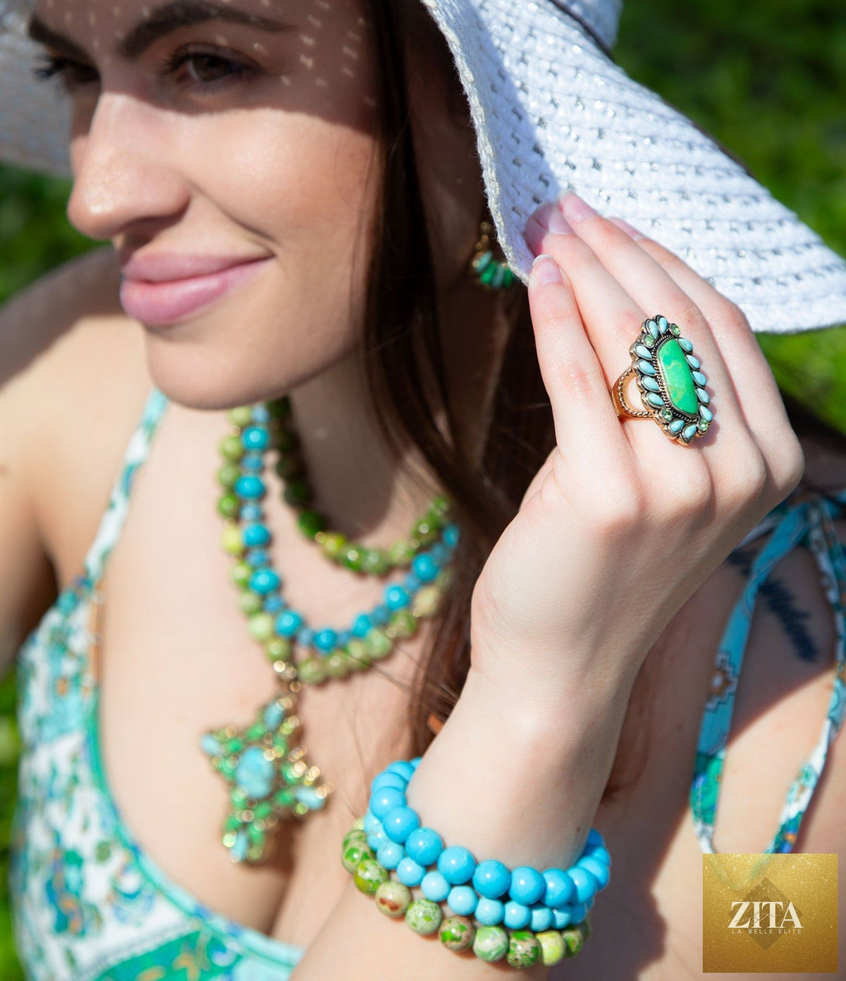 Barse Jewelry statement ring featuring lime green, blue turquoise, and gold accents in a bold, eye-catching design.