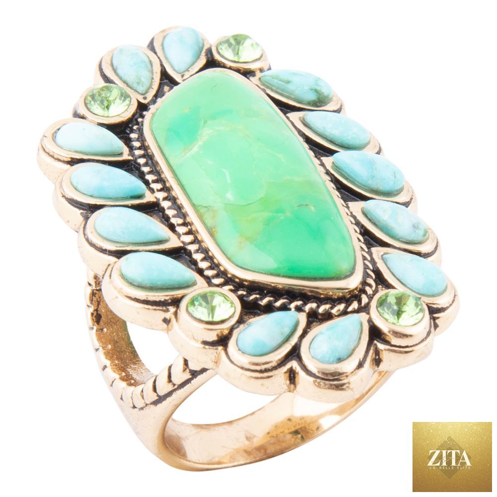 Barse Jewelry statement ring with lime green, blue turquoise, and gold accents showcasing bold, colorful design.