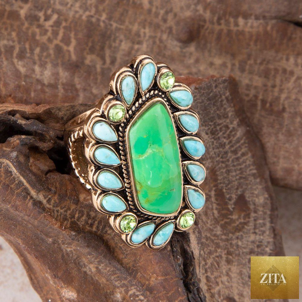 Barse Jewelry lime green and blue turquoise statement ring with gold accents, showcasing intricate design and bold colors.