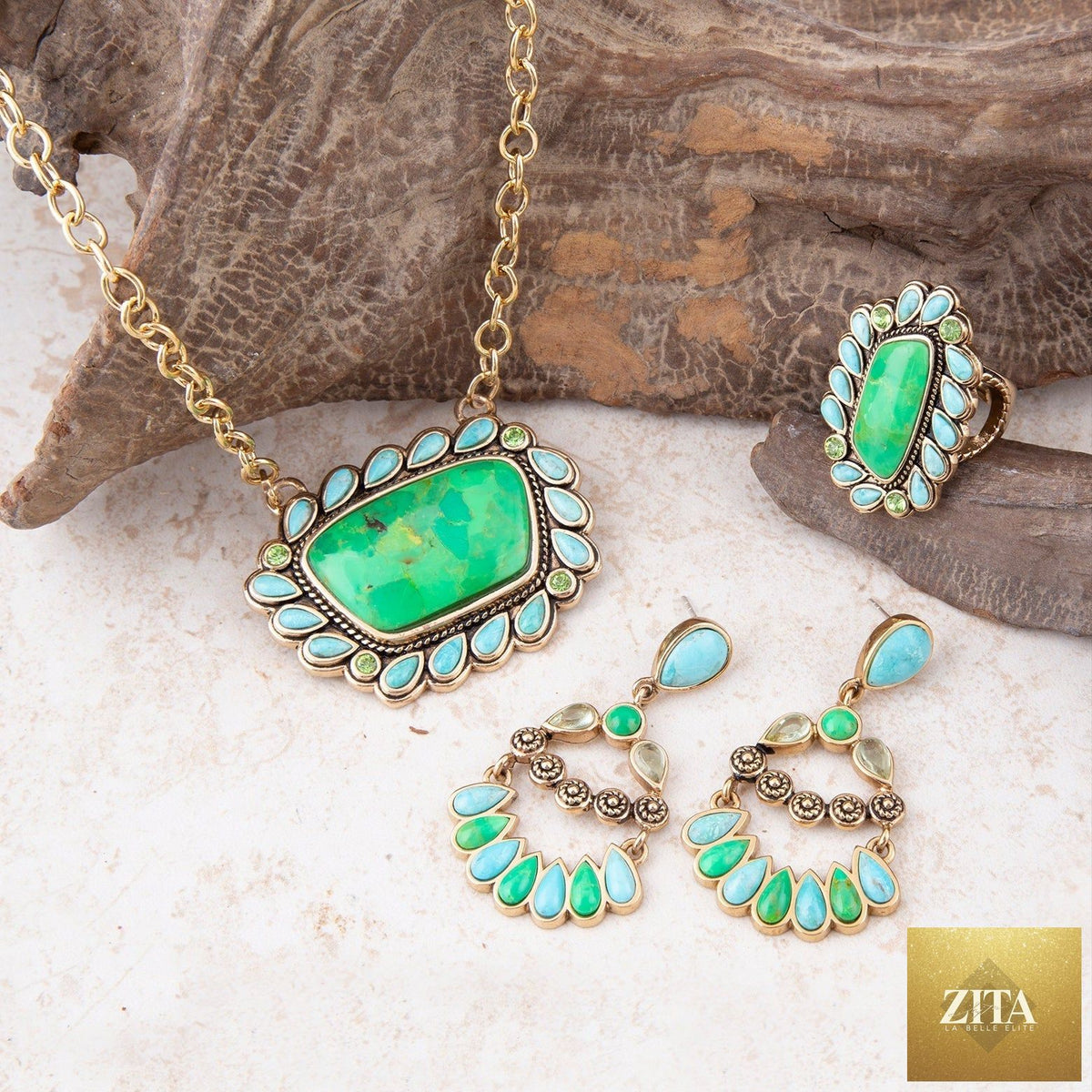 Barse Jewelry statement ring featuring lime green and blue turquoise stones with gold accents, bold and eye-catching design.