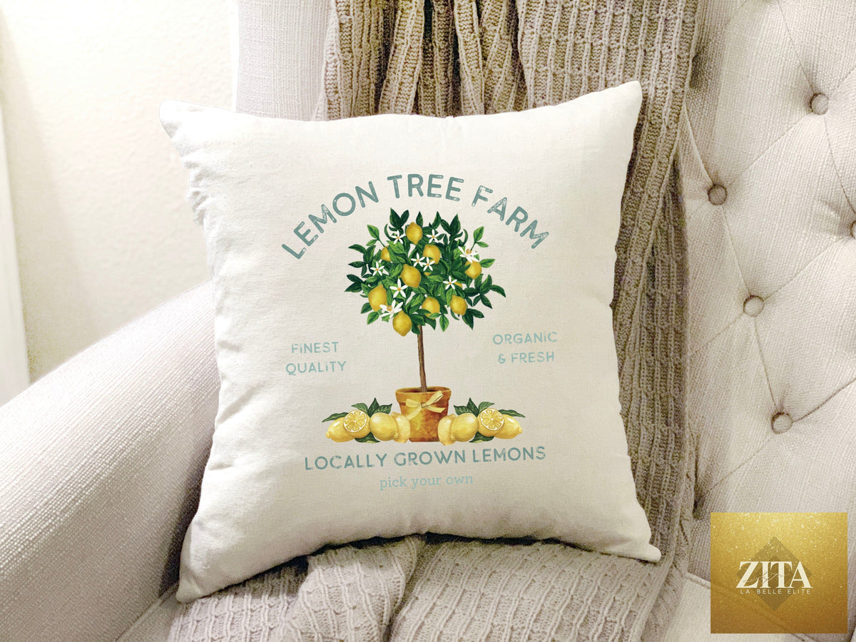 Lemon Tree summer pillow cover by Cotton and Crate, 18x18 inches, featuring a bright lemon tree design on fabric.