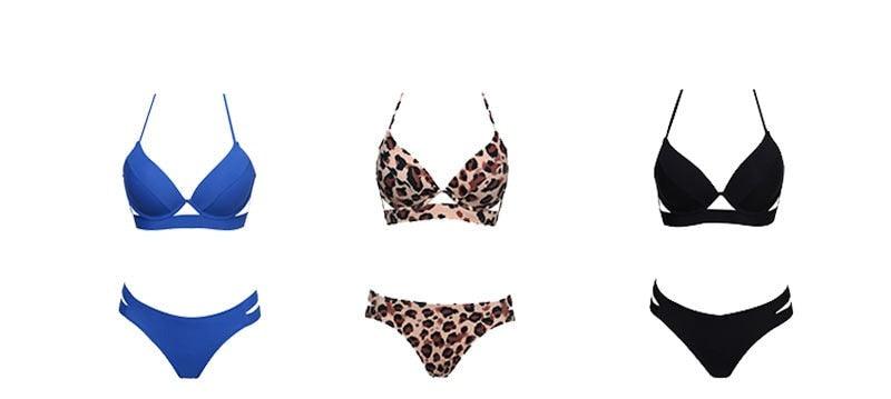 Leopard print women's summer bikini set with strapless bandage design, halter top, low waist, push-up triangle bottoms by Stevvex.
