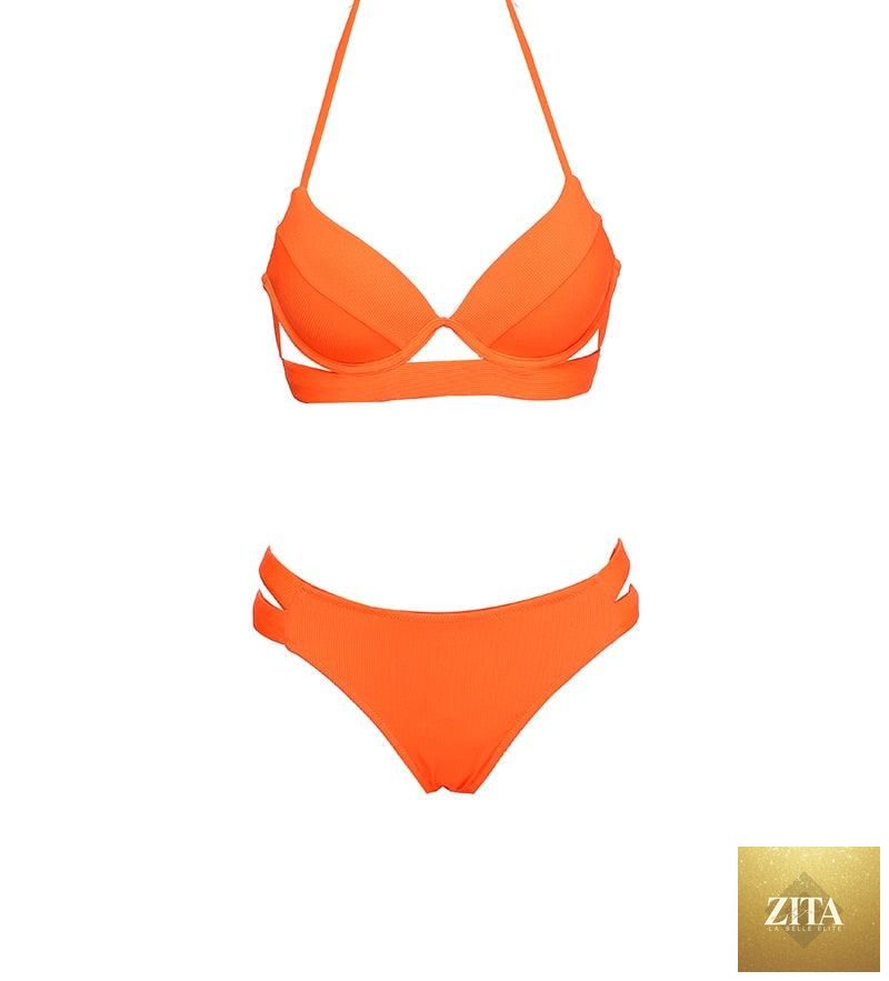 Leopard print women's summer bikini set with strapless bandage top and low waist triangle bikini bottoms, soft two-piece swimwear.