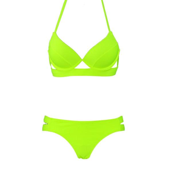Leopard print women's strapless bikini set with triangle top and low waist bottoms, soft bandage material, perfect for summer swimwear.