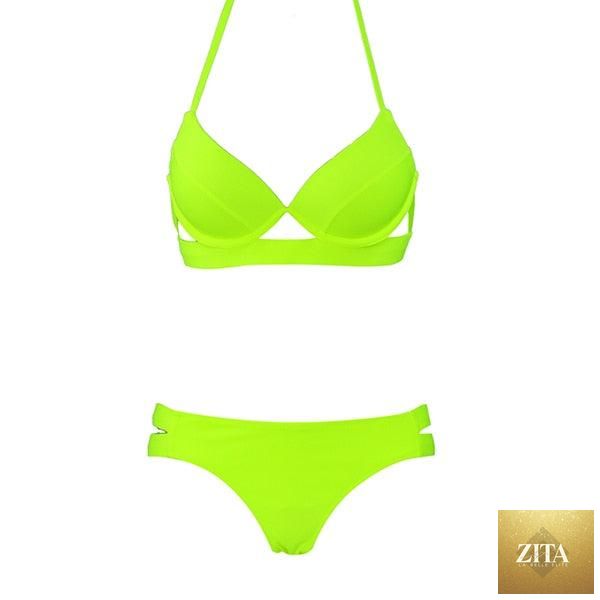 Leopard print women's strapless bikini set with triangle top and low waist bottoms, soft bandage material, perfect for summer swimwear.