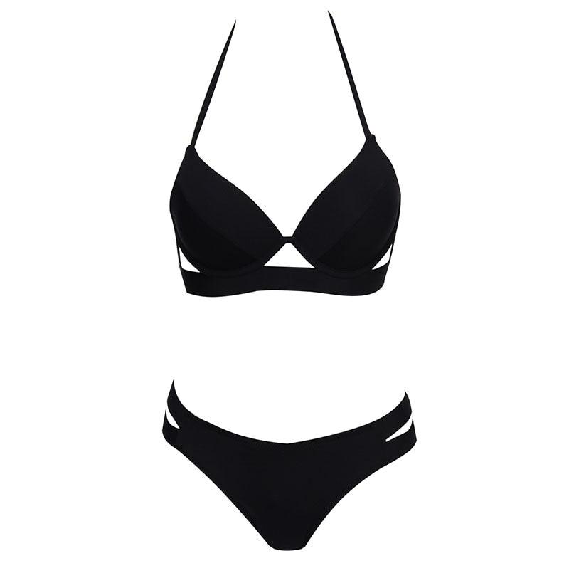 Leopard print women’s summer bikini set with strapless bandage design, triangle top, low waist, and push-up bikini bottoms.