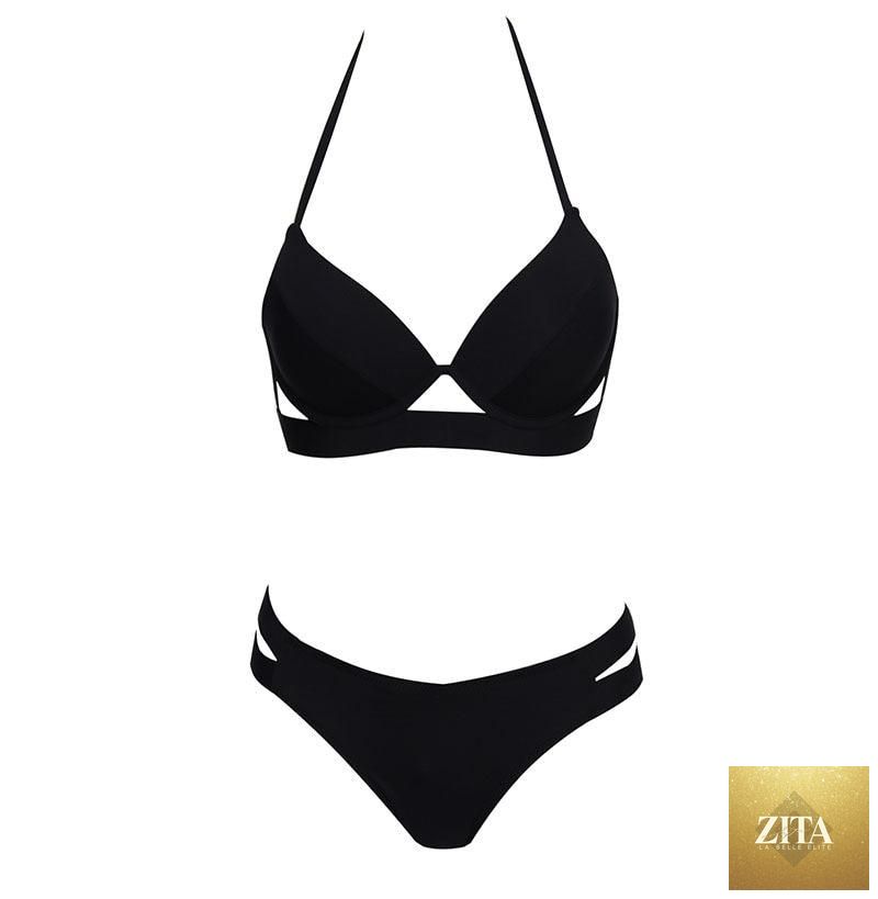Leopard print women’s summer bikini set with strapless bandage design, triangle top, low waist, and push-up bikini bottoms.