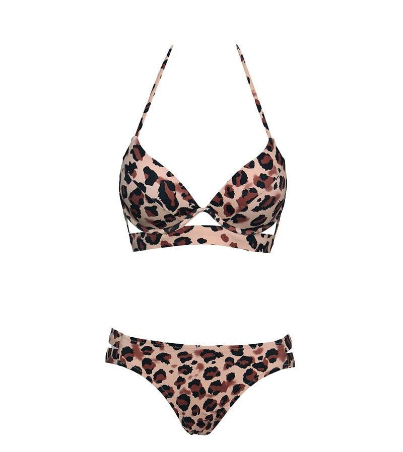 Stevvex leopard bikini set with strapless bandage top and low waist triangle bikini bottoms for women’s summer swimwear.