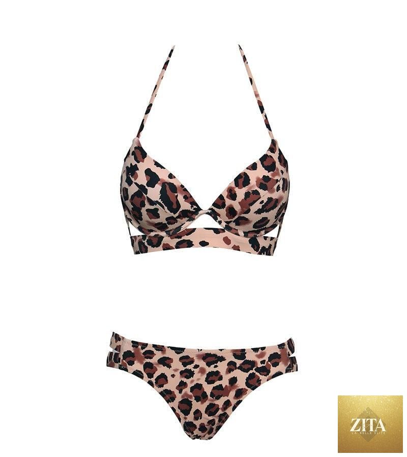 Stevvex leopard bikini set with strapless bandage top and low waist triangle bikini bottoms for women’s summer swimwear.