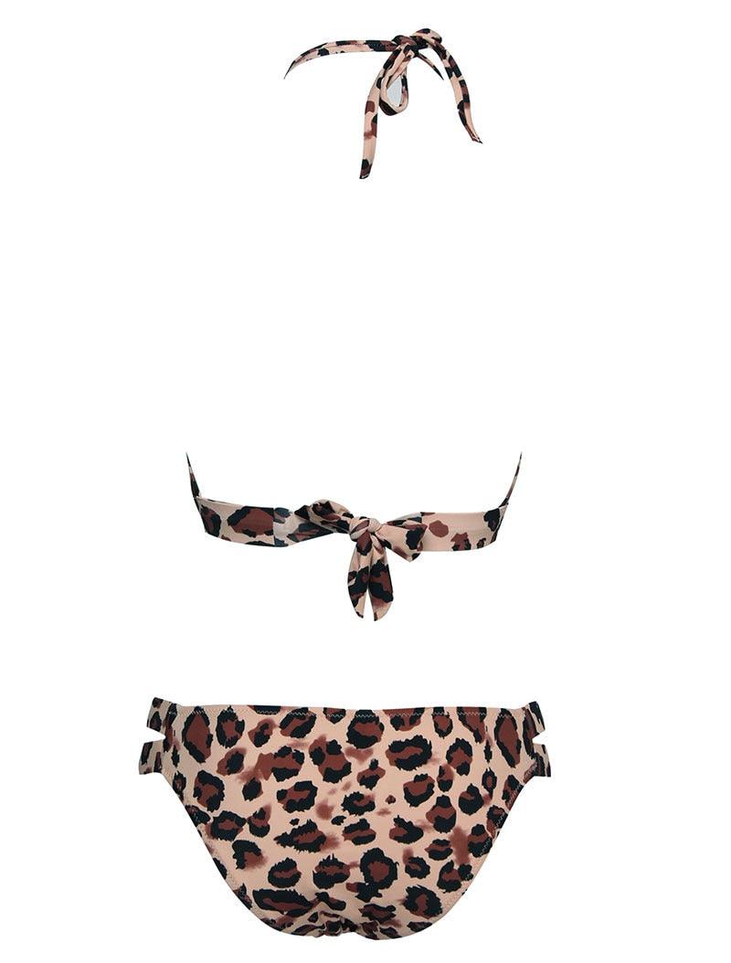 Leopard print women's summer bikini set with strapless bandeau top and low-rise triangle bottoms, soft two-piece swimwear by Stevvex.
