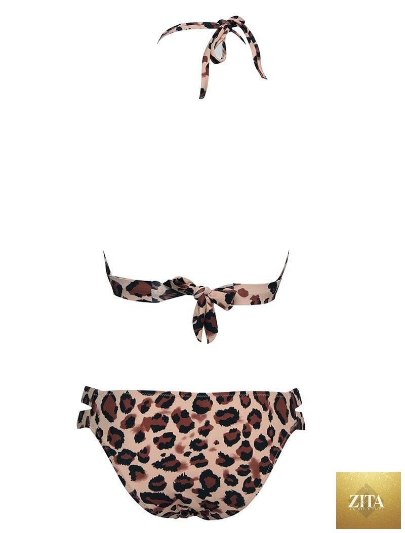 Leopard print women's summer bikini set with strapless bandeau top and low-rise triangle bottoms, soft two-piece swimwear by Stevvex.